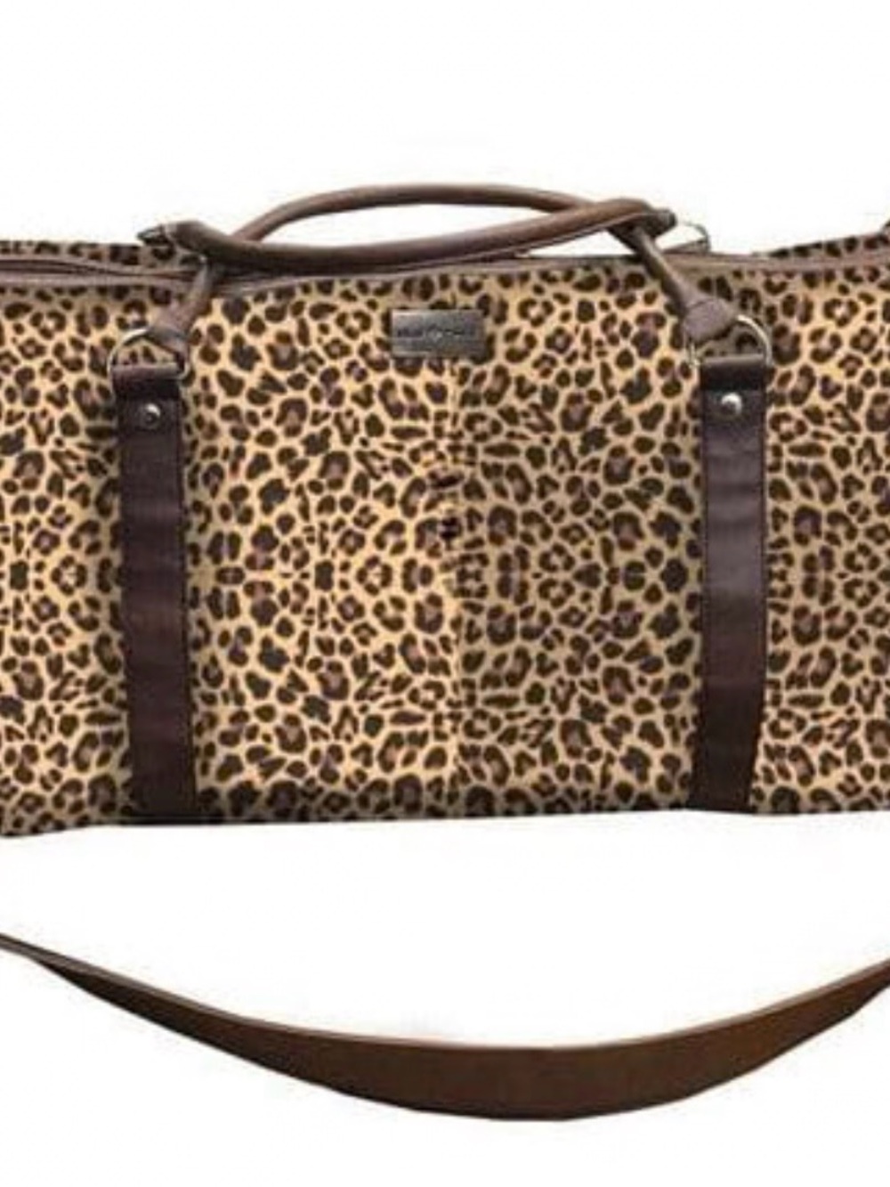 Leopard Print Travel Duffle Bag with Brown Trim